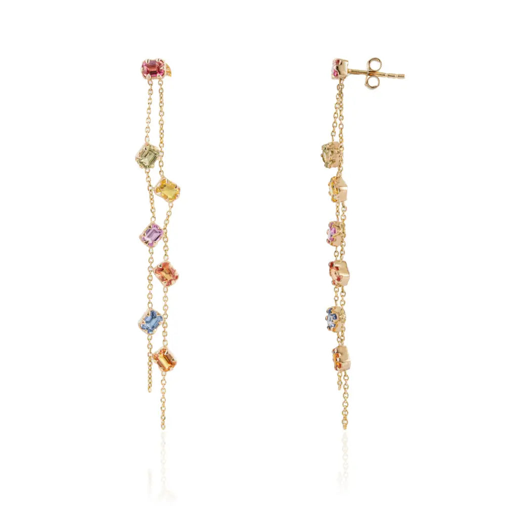 14K Yellow Gold Rainbow Multi Sapphire Double Link Chain Dangle Earrings For Wedding