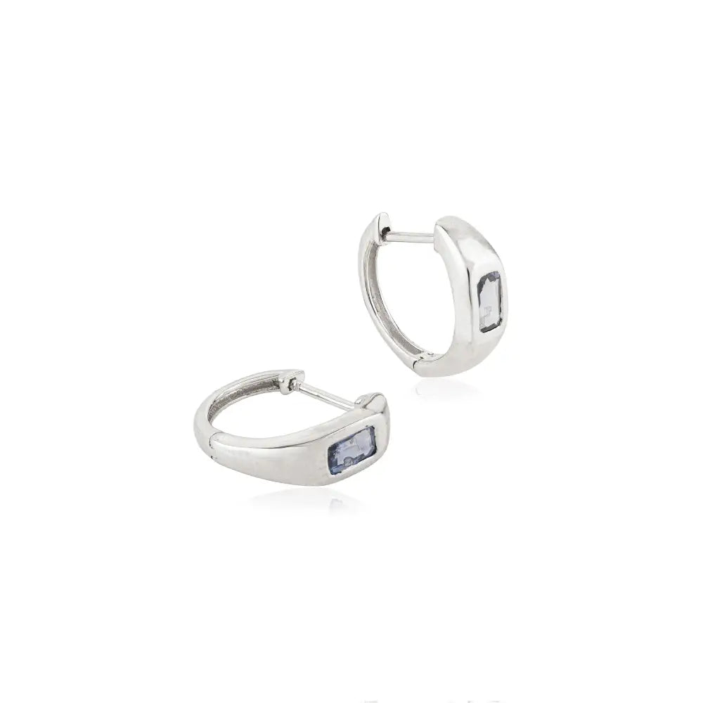 Bezel Setting Blue Sapphire Simple Huggie Hoop Earrings K14 White Gold Precious Jewelry