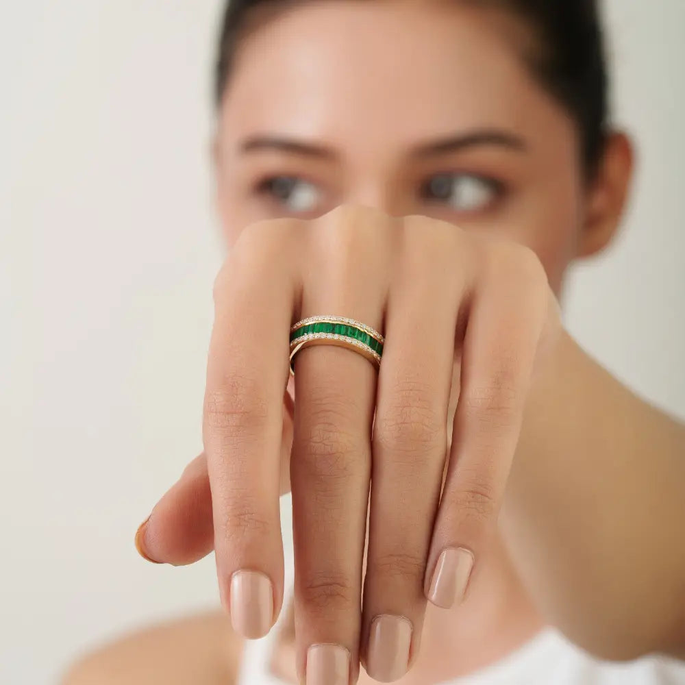 Baguette Shape Emerald & Round Cut Diamond K14 Yellow Gold Half Eternity Band Ring