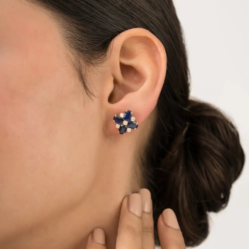 Blue Sapphire & Diamond Fine 14K Real Yellow Gold Floral Shape Stud Earrings For Women