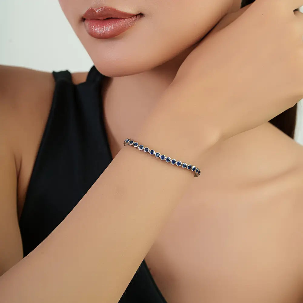 Fine New Collection of Blue Sapphire Stackable Tennis Bracelet Real 14K White Gold Jewelry
