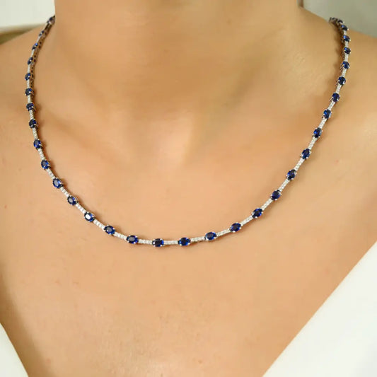 ODM OEM Jewelry Natural Blue Sapphire & Diamond Tennis Necklace Real K14 White Gold
