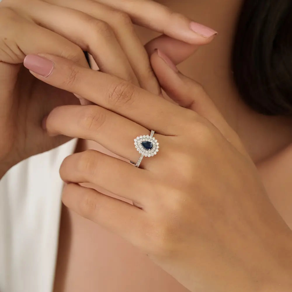 Custom Made Blue Sapphire & Diamond Pear Shape Double Cluster Statement Ring 18K Gold