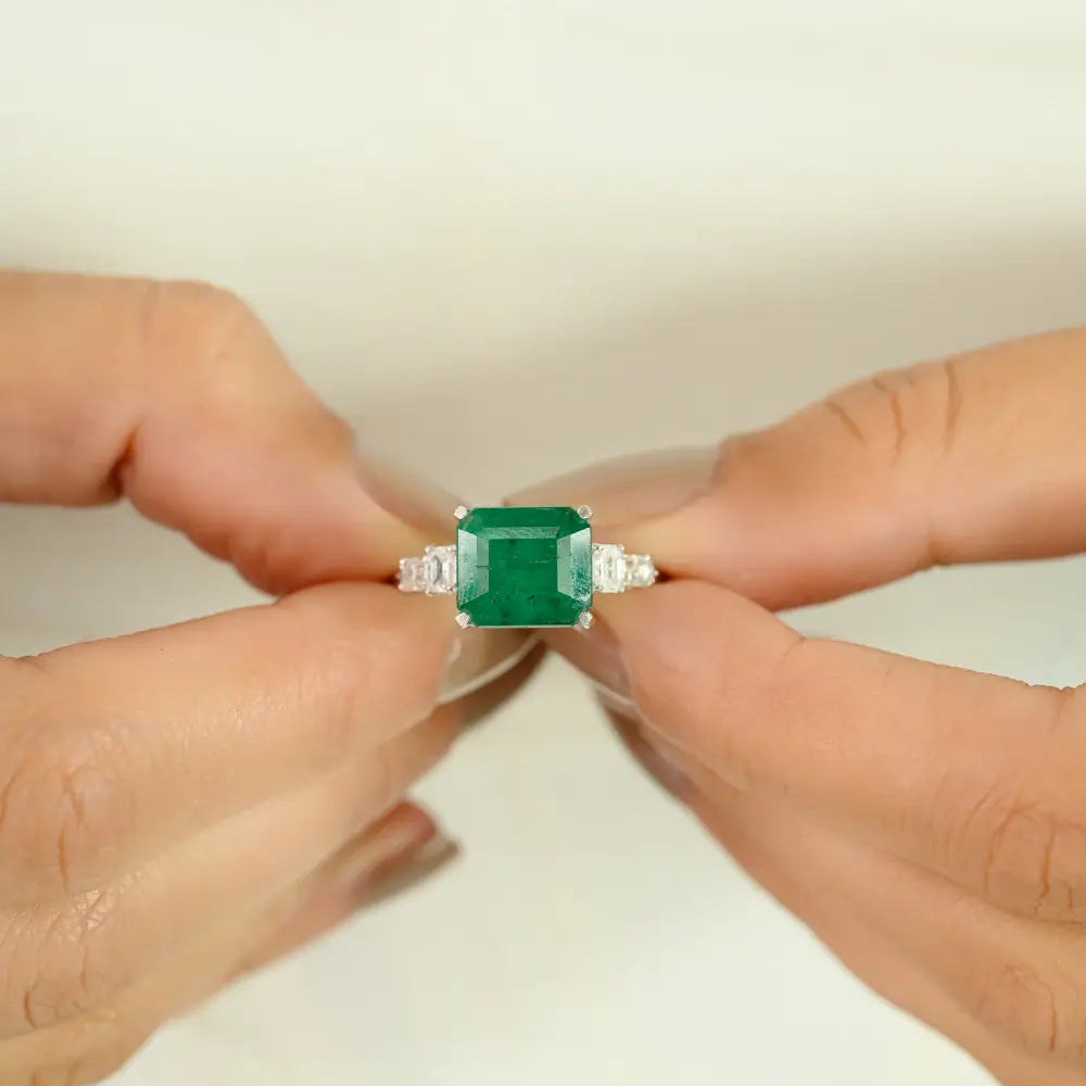 Best Seller Trending Pure K14 White Gold Emerald & Diamond Statement Ring Custom Jewelry