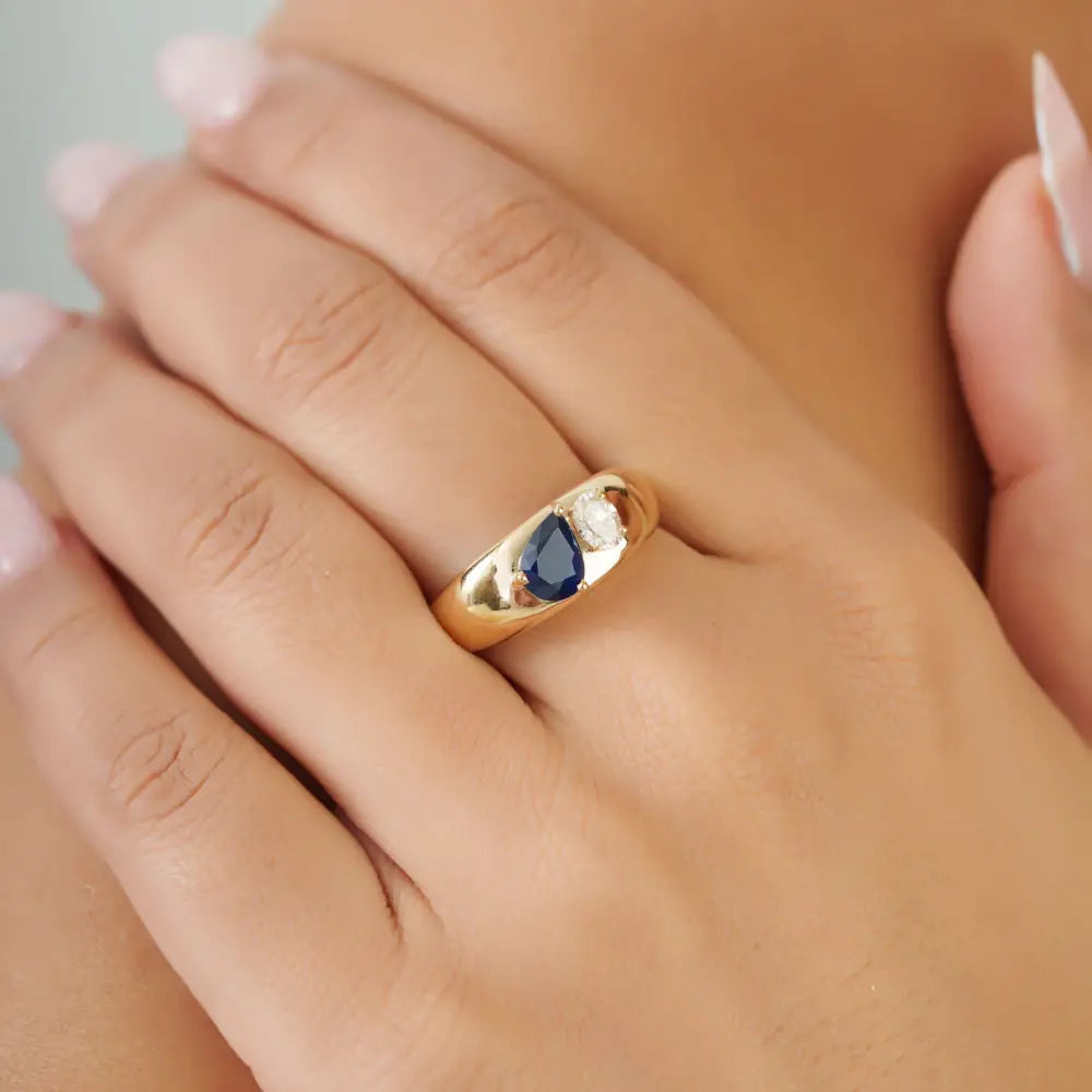 14K Yellow Gold Blue Sapphire & Diamond Toi et Moi Dome Ring Statement Jewelry Unisex