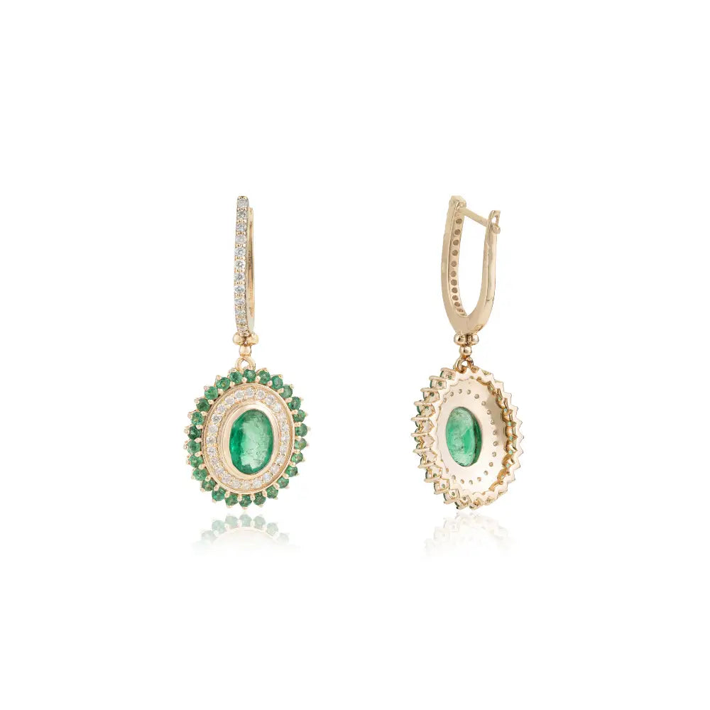 14K Real Yellow Gold 2.12 Ct. Zambian Emerald & Diamond Lever Back Hoop Drop Earrings