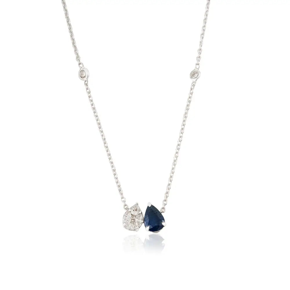 Latest Design Real Blue Sapphire & Diamond Toi et Moi Pendant Necklace K14 White Gold Jewelry