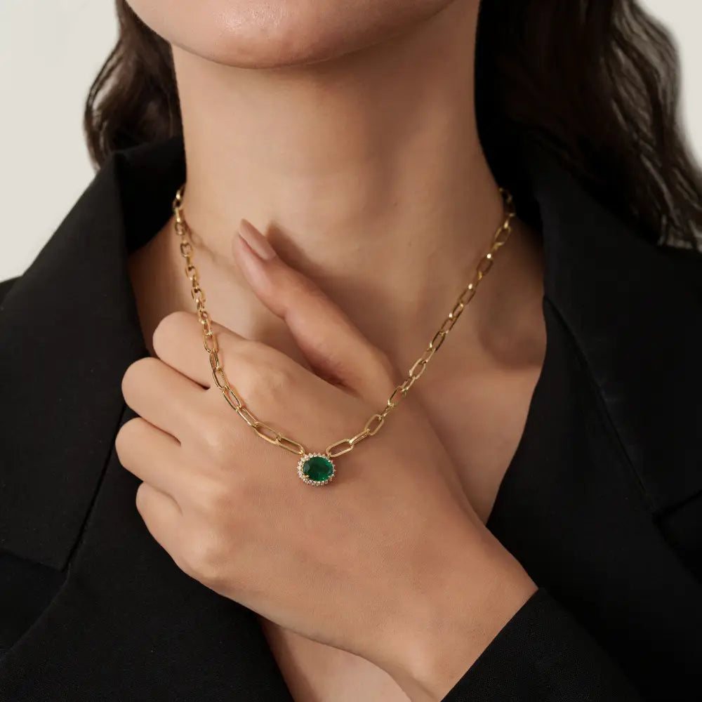 7x9 mm Oval Cut Emerald & Diamond 14K Real Gold Paperclip Chain Solitaire Cluster Pendant Necklace
