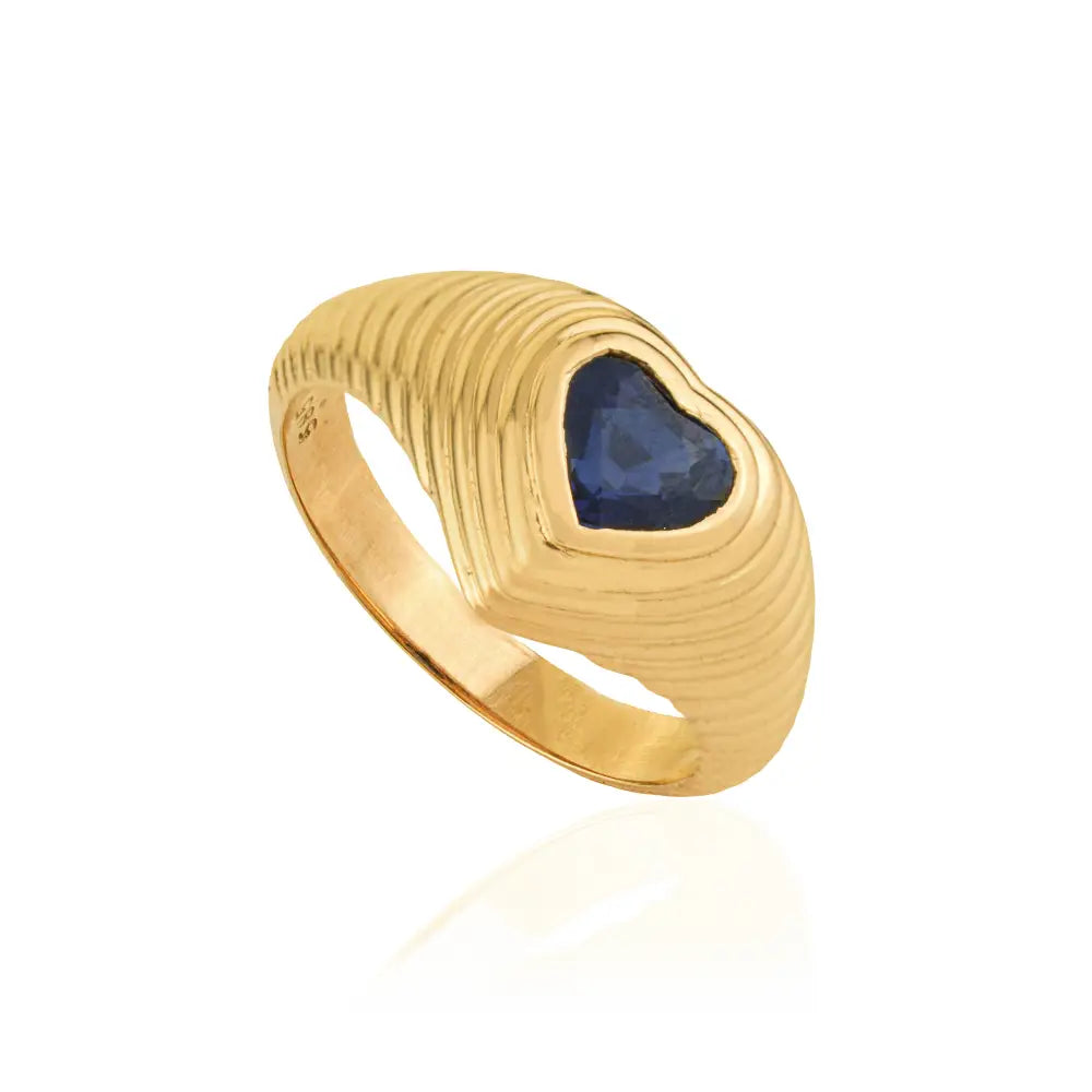Gypsy Set Blue Sapphire Gemstone Heaty Shape Croissant Pinky Ring 14K Yellow Gold Jewelry