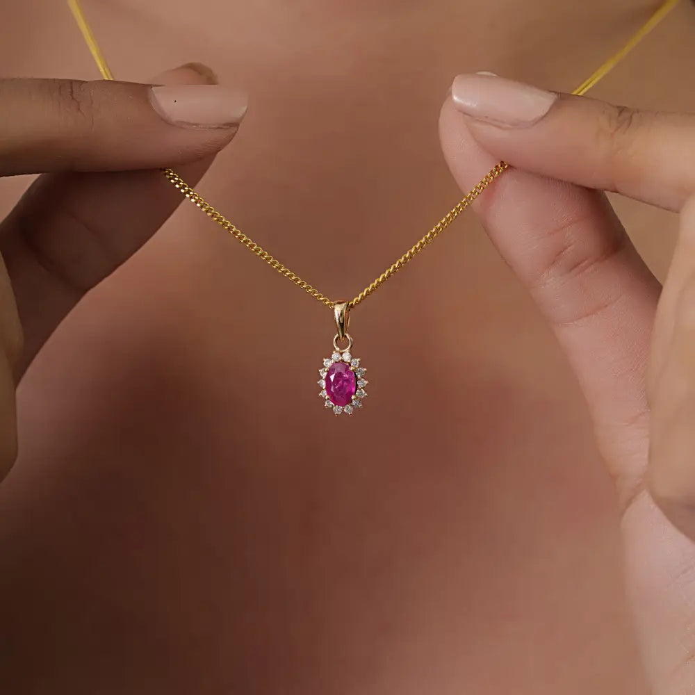 July Birthstone Real Ruby & Diamond 14K Yellow Gold Cluster Pendant Anniversary Gift
