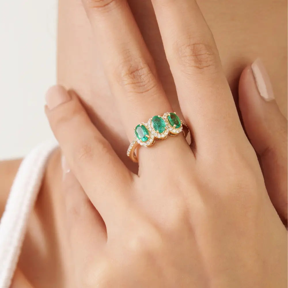 Oval Shape Emerald & Round Cut Diamond Three Stone Ring Fine 14K Solid Yellow Gold Jewelry