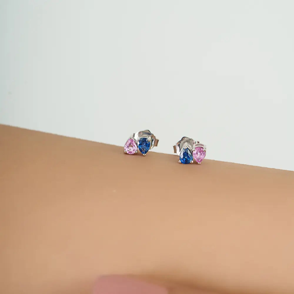 18K White Gold Prong Set Pink & Blue Sapphire Minimal Toi et Moi Stud Earrings Birthstone Jewelry