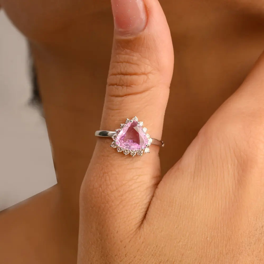 New Arrival 14K Solid White Gold Trillion Shape Pink Sapphire & Diamond Ring