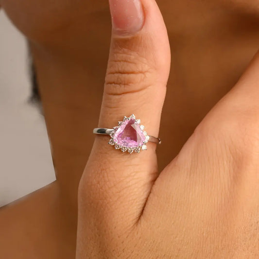 New Arrival 14K Solid White Gold Trillion Shape Pink Sapphire & Diamond Ring