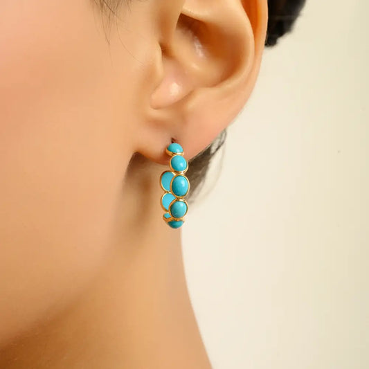 Cabochon Cut Gemstone Turquoise C Shape Hoop Earrings For Daily Wear 18K Real Gold