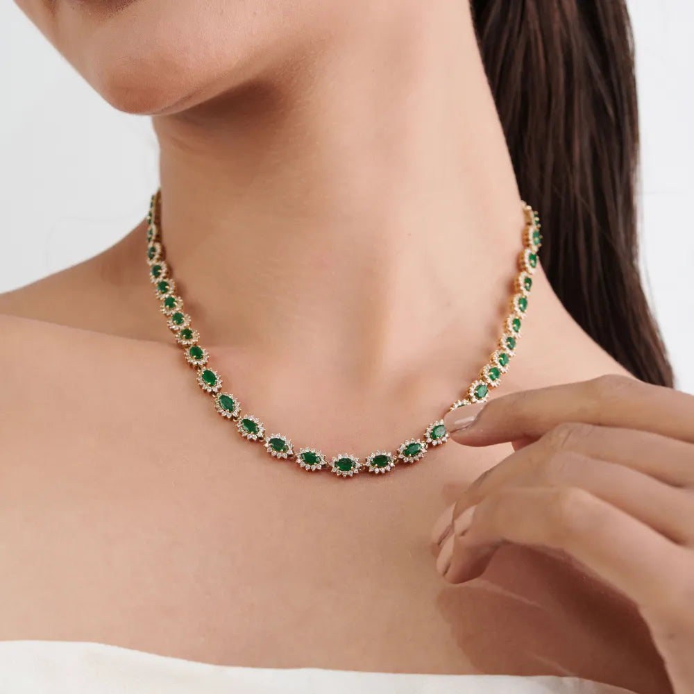 9.88ct. Zambian Emerald & Diamond Pure K14 Yellow Gold Cluster Tennis Necklace May Birthstone Jewelry