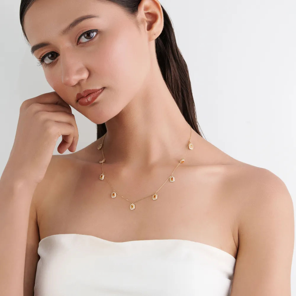 4x3mm Octagon Cut Citrine & Diamond Charm Chain Necklace Fine 14K Solid Yellow Gold Jewelry Manufacturer
