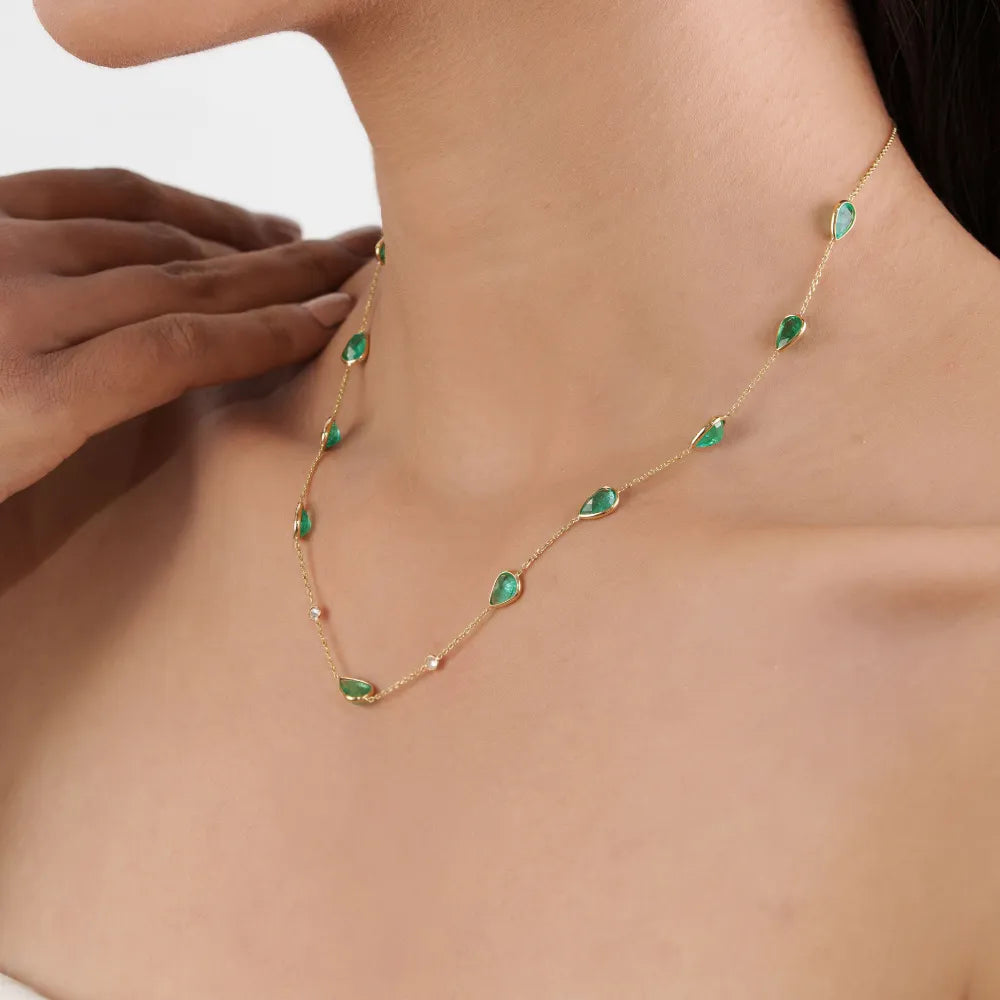 Pear Shape Emerald & Round Cut Diamond Simple Station Chain Necklace For Women's 14K Yellow Gold