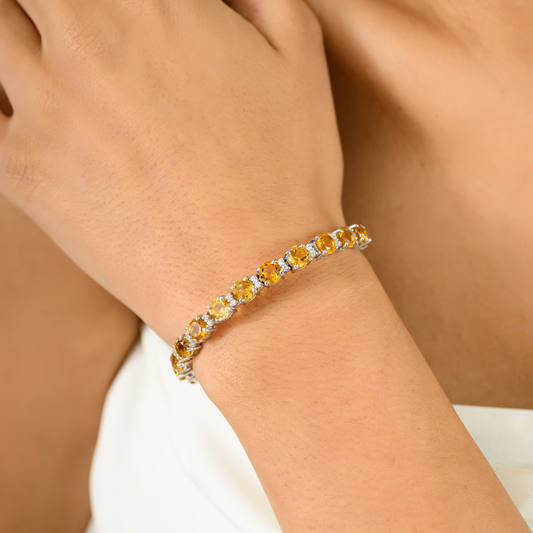 Modern Latest Design Genuine Citrine & American Diamond Sleek Bracelet 925 Solid Silver