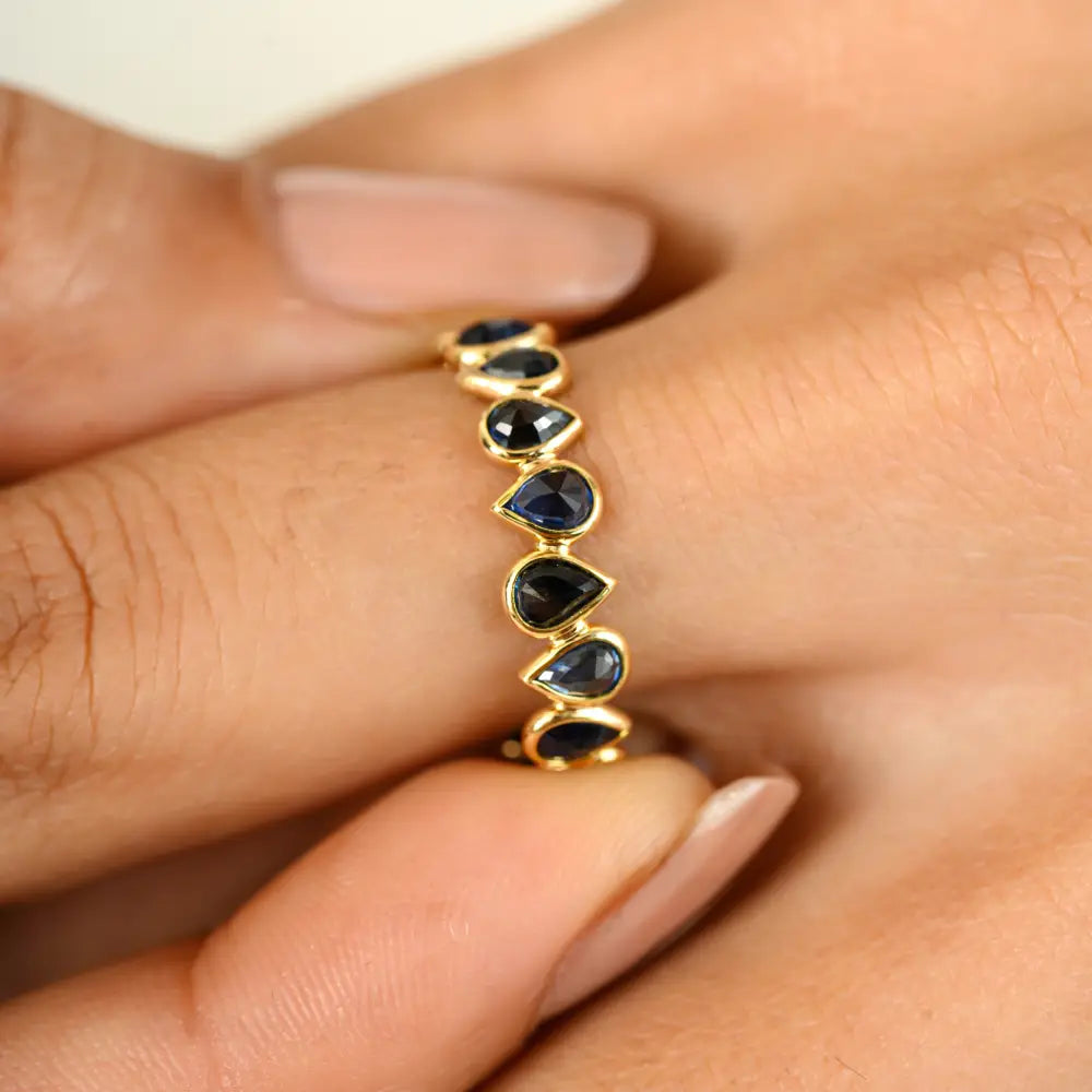 Hot Sale Natural Birthstone Blue Sapphire 18K Real Yellow Gold Eternity Band Ring For Unisex