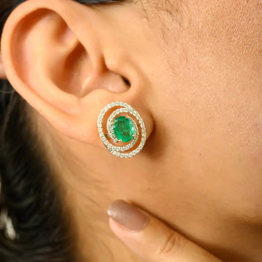 Beautiful Spiral Double Halo Stud Earrings Natural Emerald & Diamond 18K Yellow Gold