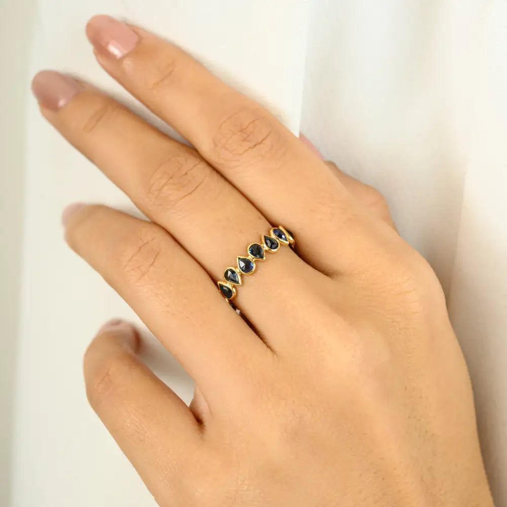 Hot Sale Natural Birthstone Blue Sapphire 18K Real Yellow Gold Eternity Band Ring For Unisex