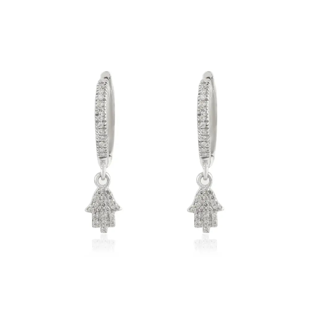 Unique Design 18K White Gold Natural Diamond Hamsa Hand Huggie Earrings Minimal Jewelry