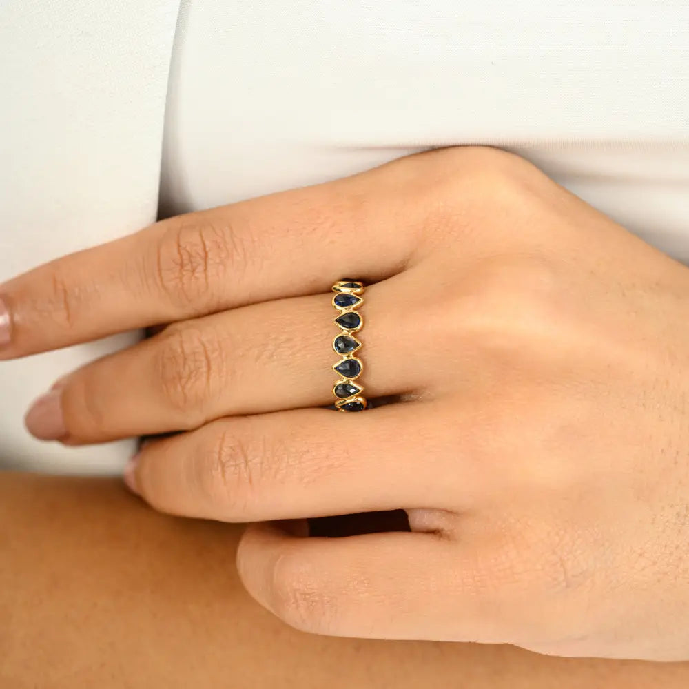 Hot Sale Natural Birthstone Blue Sapphire 18K Real Yellow Gold Eternity Band Ring For Unisex