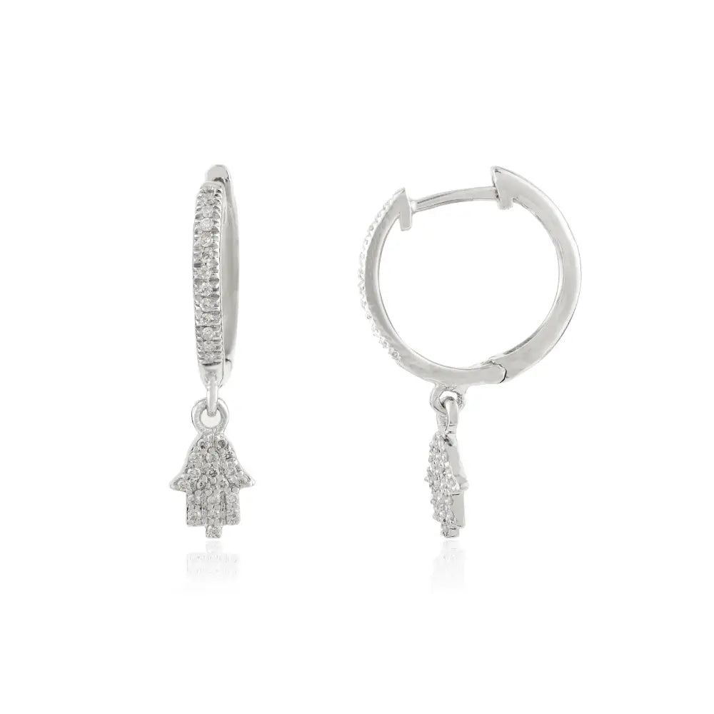 Unique Design 18K White Gold Natural Diamond Hamsa Hand Huggie Earrings Minimal Jewelry