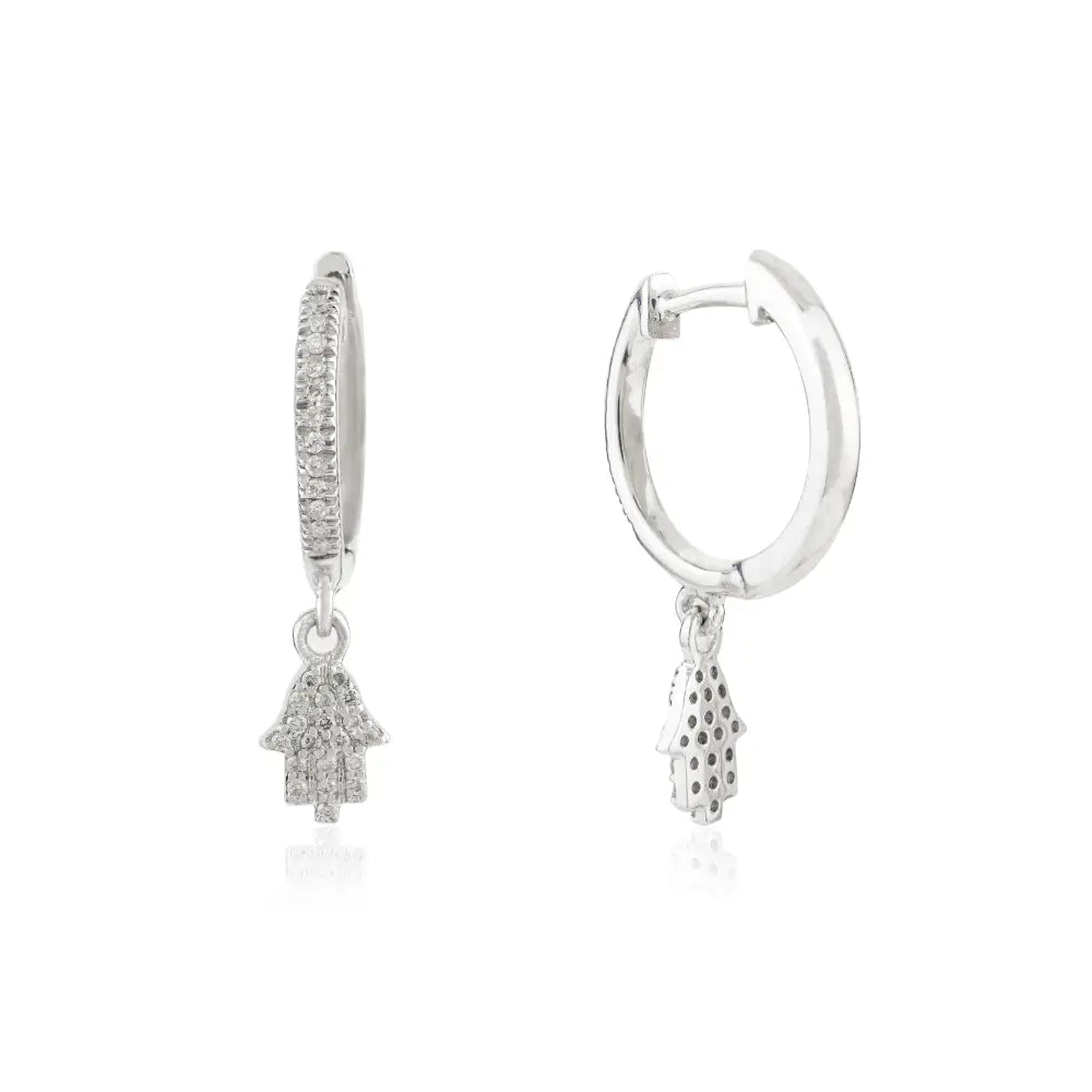 Unique Design 18K White Gold Natural Diamond Hamsa Hand Huggie Earrings Minimal Jewelry