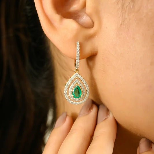 Zambian Natural Emerald & Diamond Double Halo Drop Earrings Solid K18 Yellow Gold Jewelry