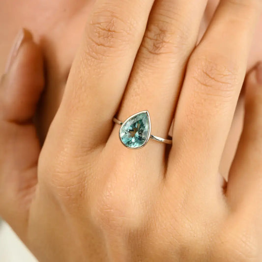 11X8 MM Pear Cut Aquamarine Gemstone Single Stone Ring Hamade 14K Gold Jewelry Manufacture