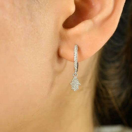 Unique Design 18K White Gold Natural Diamond Hamsa Hand Huggie Earrings Minimal Jewelry
