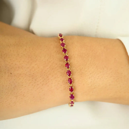 Precious Gemstone Oval Cut Ruby 14K Yellow Gold Tennis Bracelet Anniversary Gift