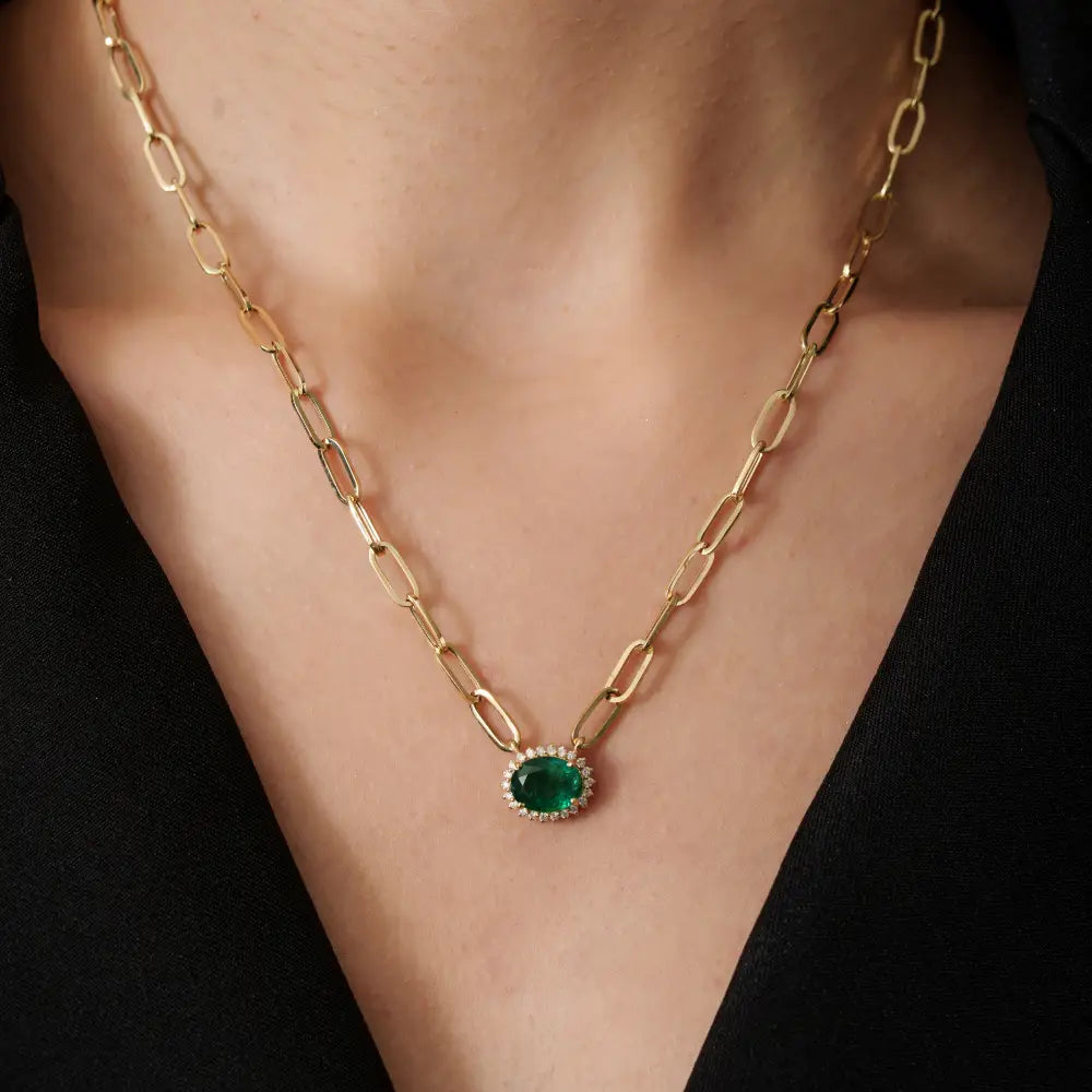 7x9 mm Oval Cut Emerald & Diamond 14K Real Gold Paperclip Chain Solitaire Cluster Pendant Necklace