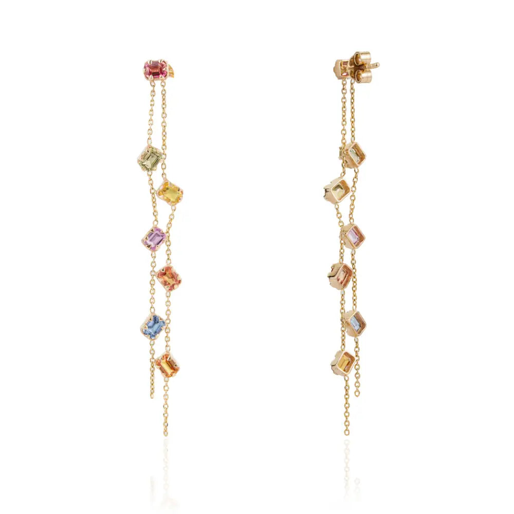 14K Yellow Gold Rainbow Multi Sapphire Double Link Chain Dangle Earrings For Wedding