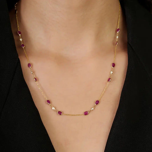 14K Solid Yellow Gold Ruby & Diamond Dainty Station Chain Necklace Mother's Day Gift Jewelry