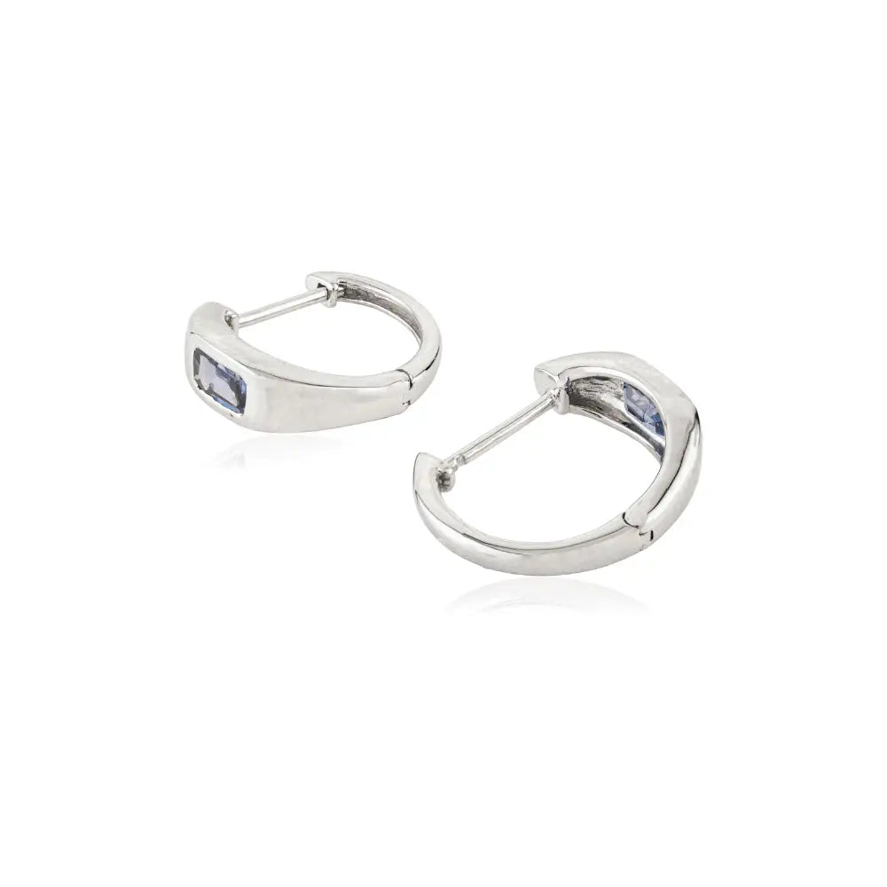 Bezel Setting Blue Sapphire Simple Huggie Hoop Earrings K14 White Gold Precious Jewelry