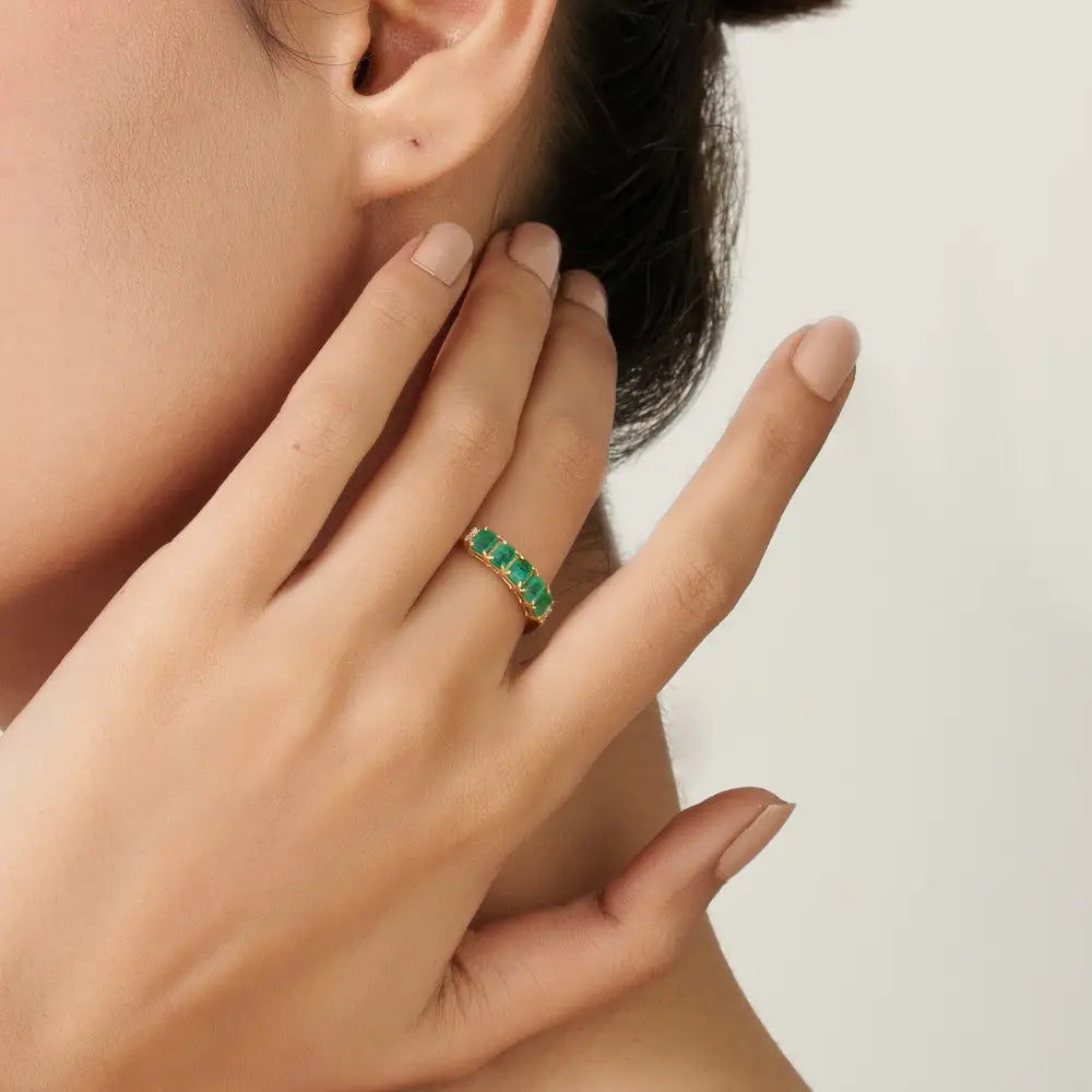 14K Real Yellow Gold Fine Emerald & Diamond Stackable Gemstone Ring Everyday Wear Jewelry