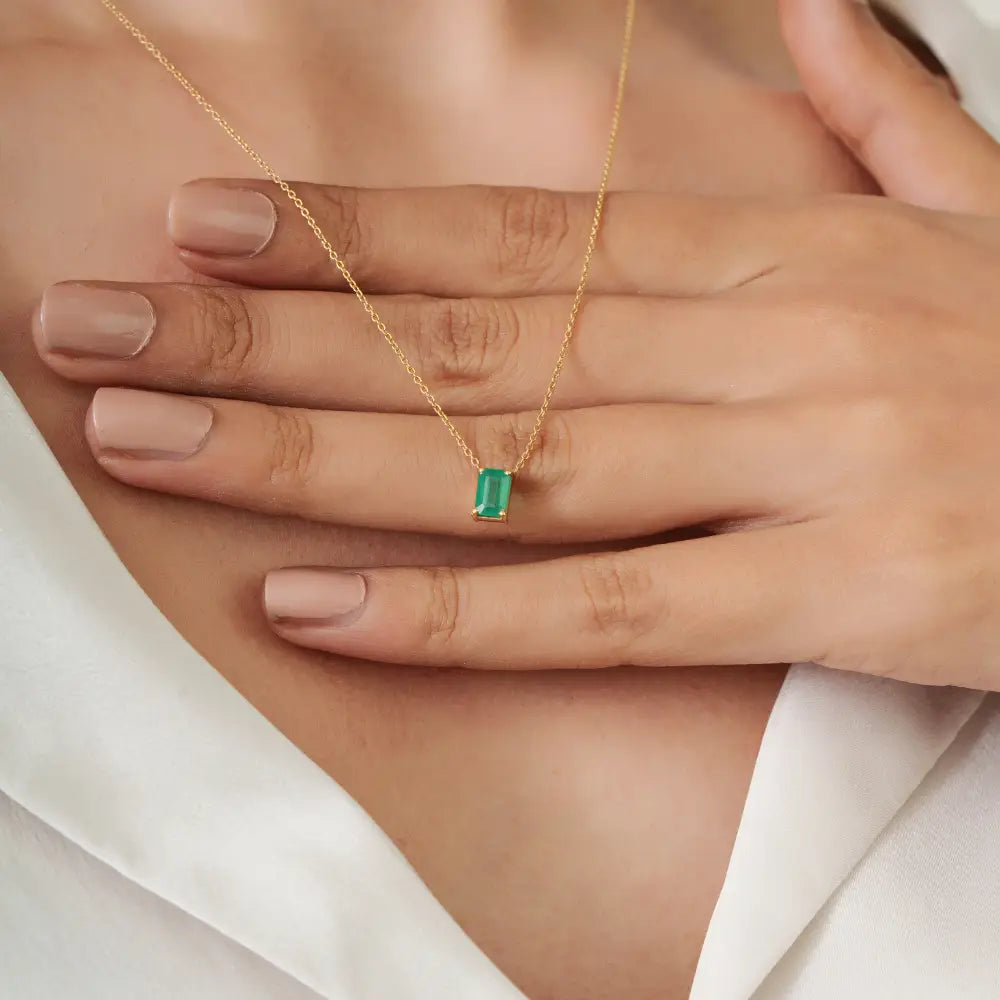 6x4 mm Octagon Cut Emerald Minimal Single Stone Pendant Necklace 18K Solid Gold Jewelry