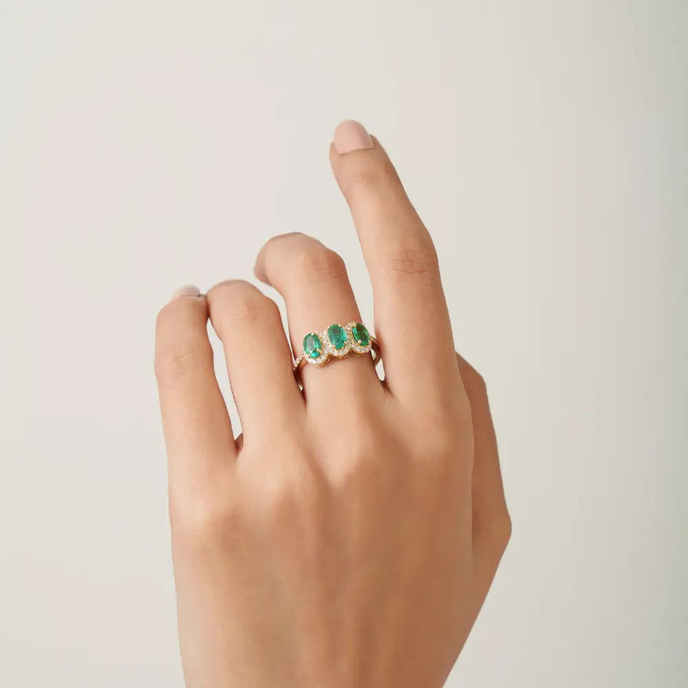 Oval Shape Emerald & Round Cut Diamond Three Stone Ring Fine 14K Solid Yellow Gold Jewelry