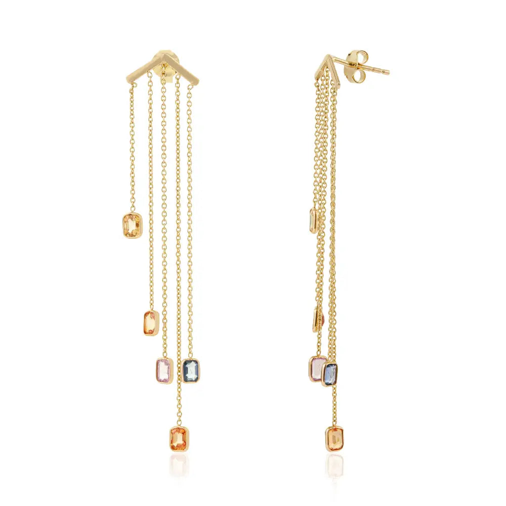Unique Design Rainbow Sapphire Multi Chain Dangle Earrings Solid 14K Yellow Gold Jewelry