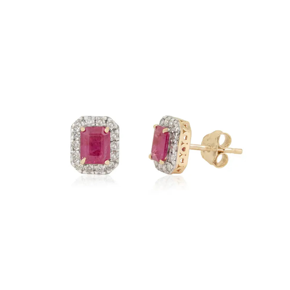 Prong Set Ruby & Diamond Simple Design K14 Yellow Gold Halo Stud Earrings Women's Gift