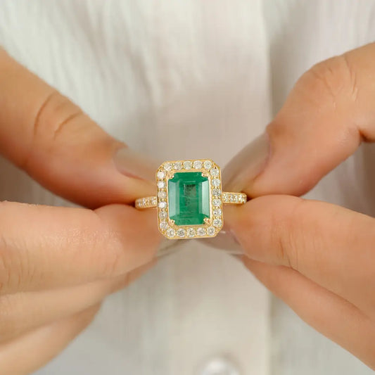 9x7mm Zambian Emerald & Diamond Pure 14K Yellow Gold Engagement Ring May Birthstone