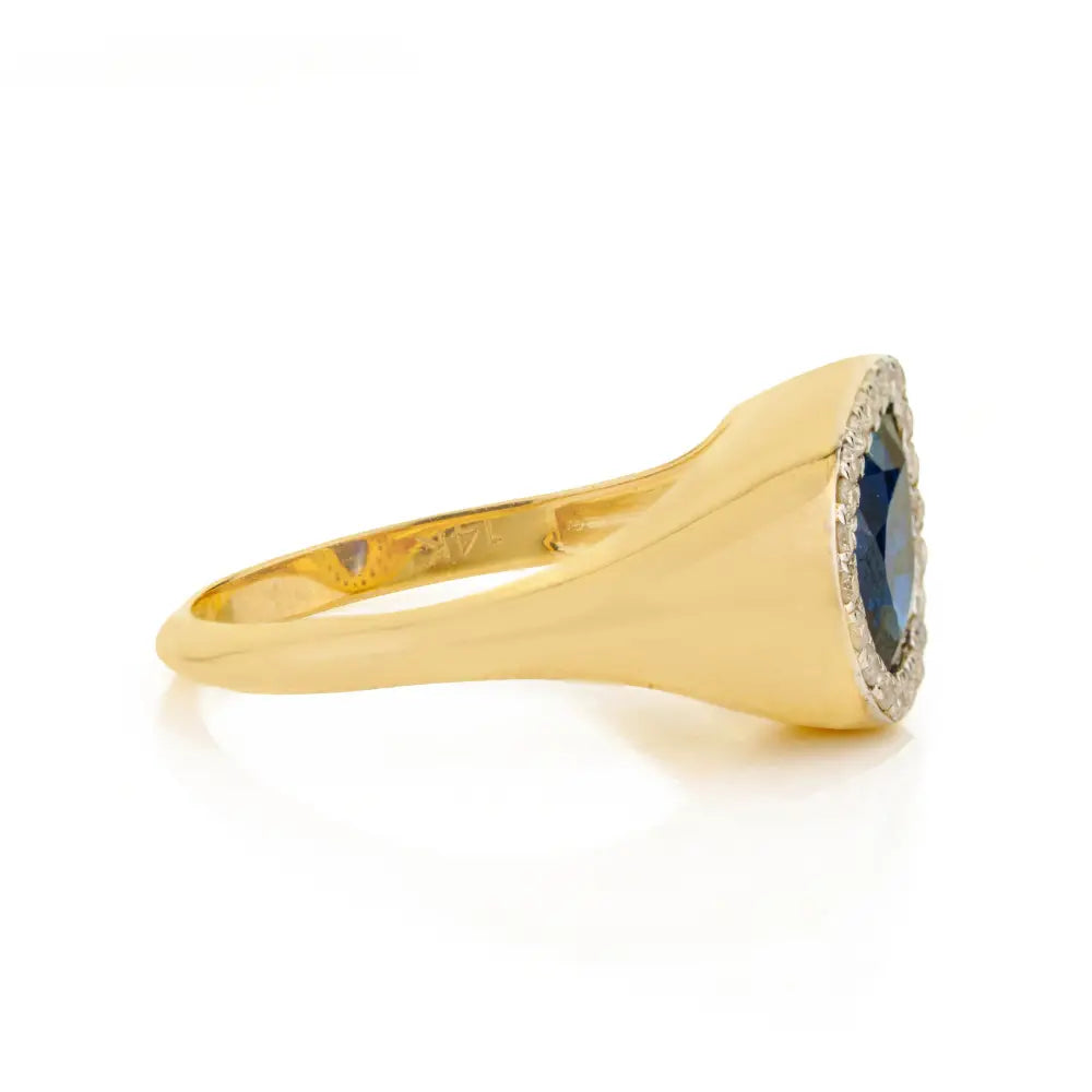 Customized Gemstone Blue Sapphire & Diamond Halo Chunky Signet Ring 14K Yellow Gold
