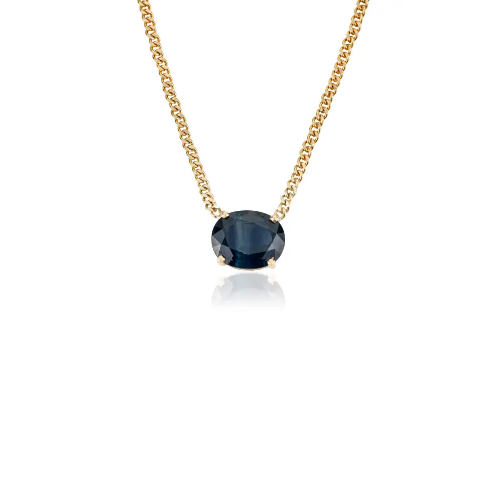 Prong Set Blue Sapphire Miami Cuban Chain Single Stone Pendant Necklace K14 Solid Yellow Gold