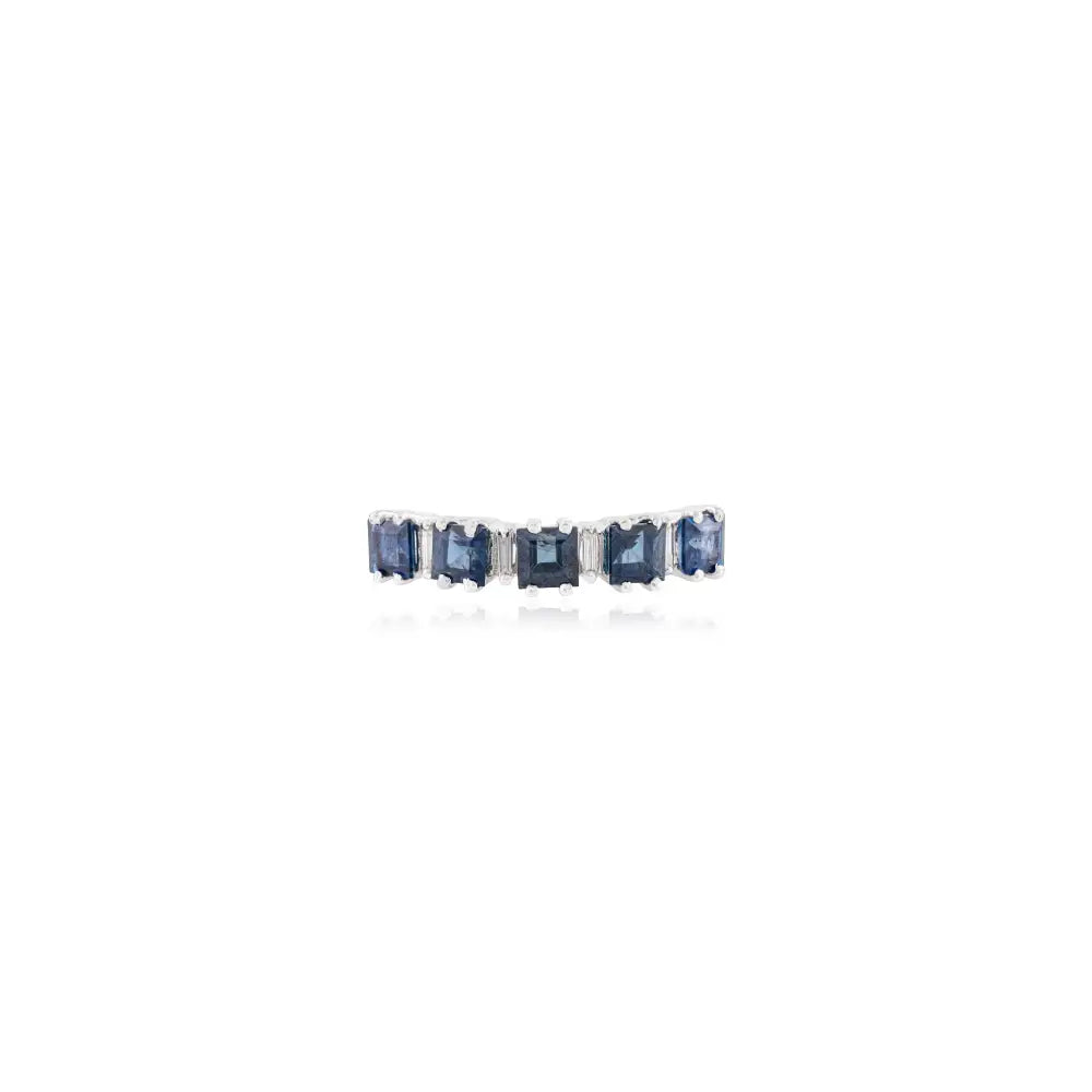 Square Shape Blue Sapphire & Baguette Cut Diamond Stacking Half Eternity Band Ring 14K Gold