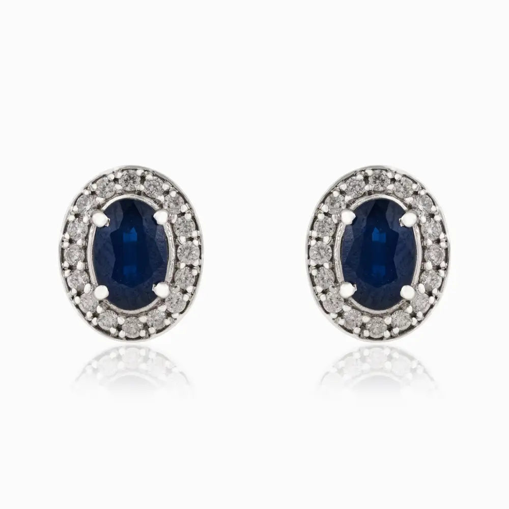 14K White Gold Blue Sapphire & Diamond Curved Shape Convertible Stud to Drop Earrings
