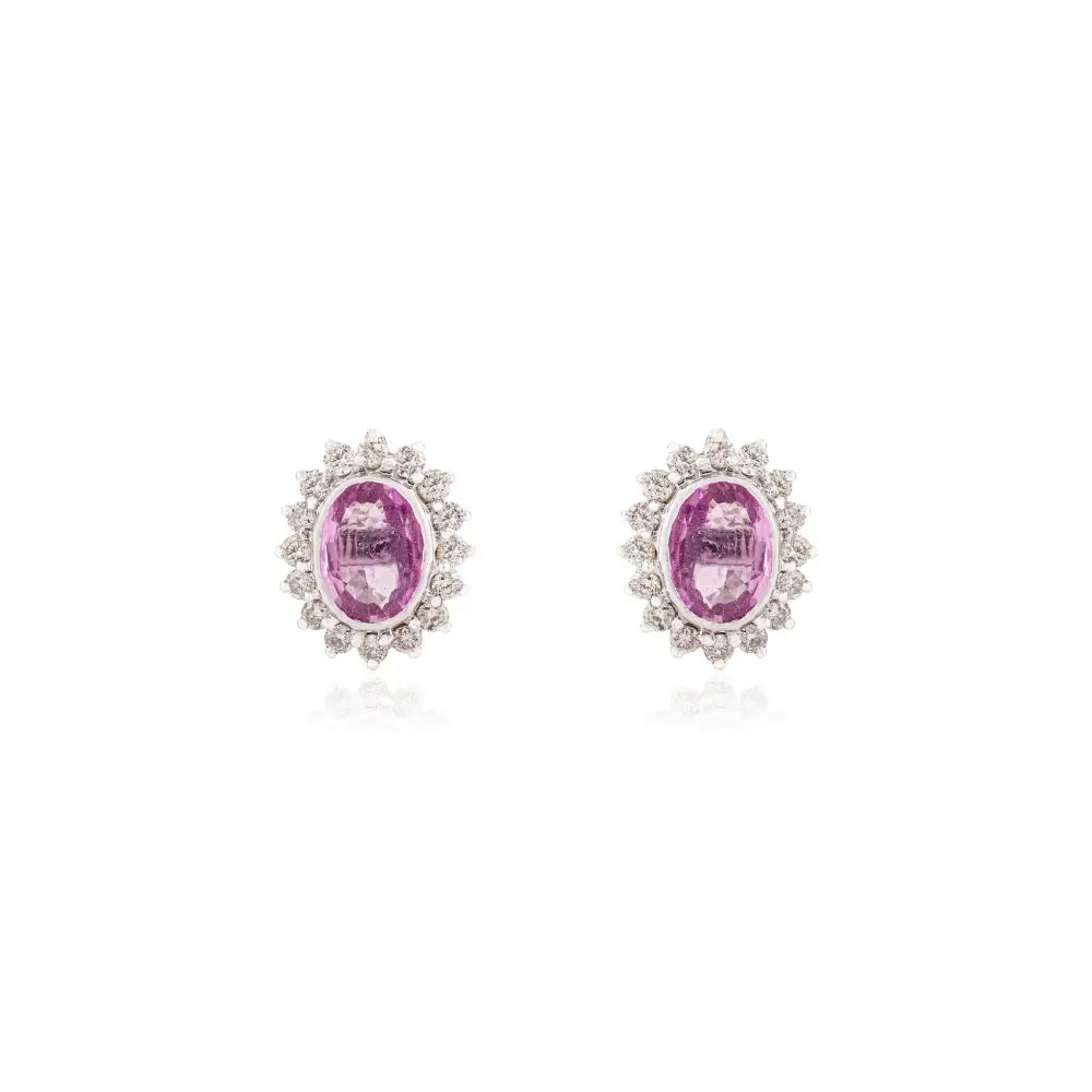 K14 White Gold Bezel Set Pink Sapphire & Diamond Cluster Halo Stud Earrings Handmade Jewelry