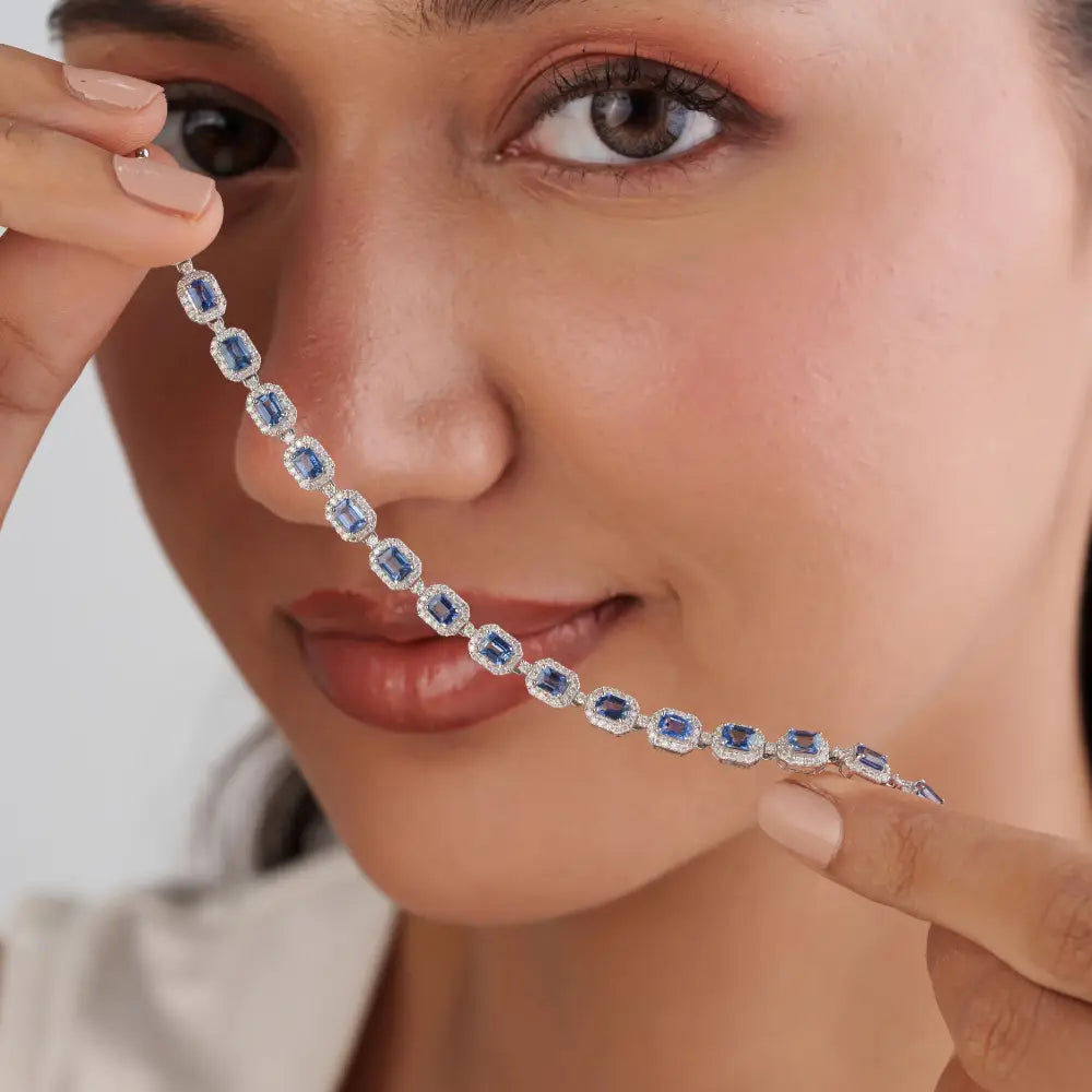 4x3mm Octagon Cut Blue Sapphire & Diamond Halo Tennis Bracelet Real K14 White Gold Jewelry